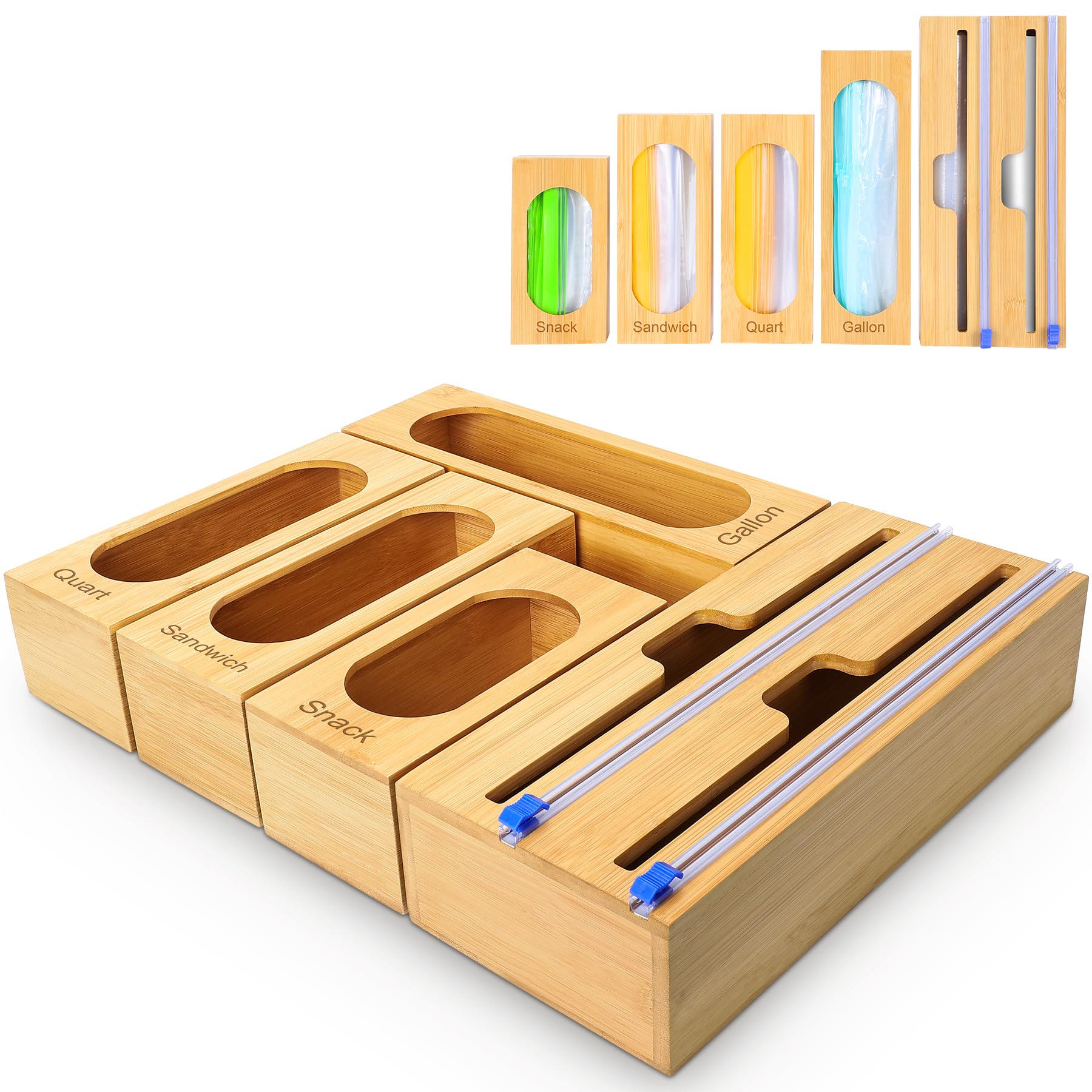 Gamtik bamboo drawer organizer with wrap dispenser keeps kitchen supplies neatly accessible.