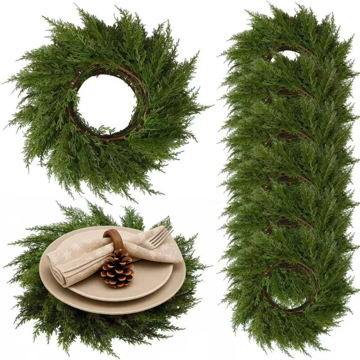 Gandeer Christmas placemats round cedar wreath close-up for festive table decor and protection.