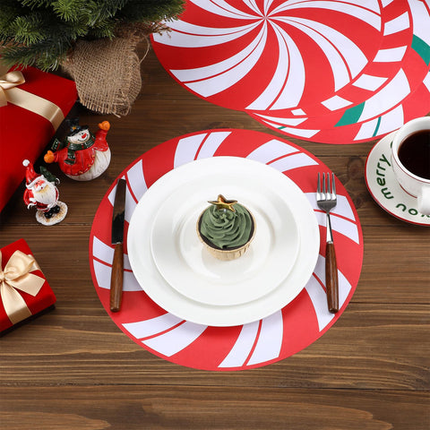 Gandeer red-white-green candy cane mat adds holiday charm under dishes