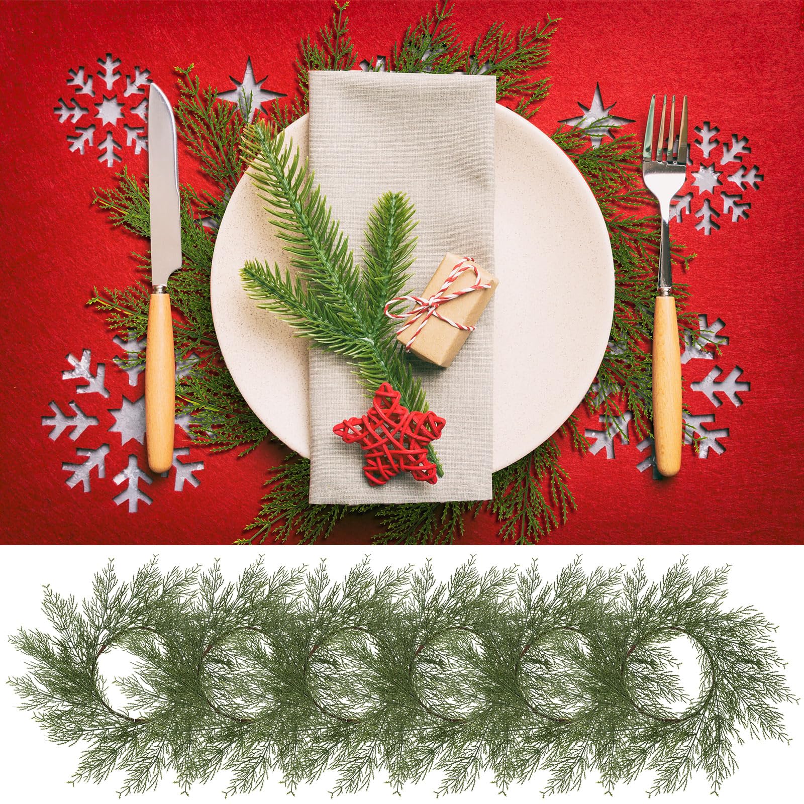 Gandeer wreath density creates multi-layered look around plates for elegant table decor.