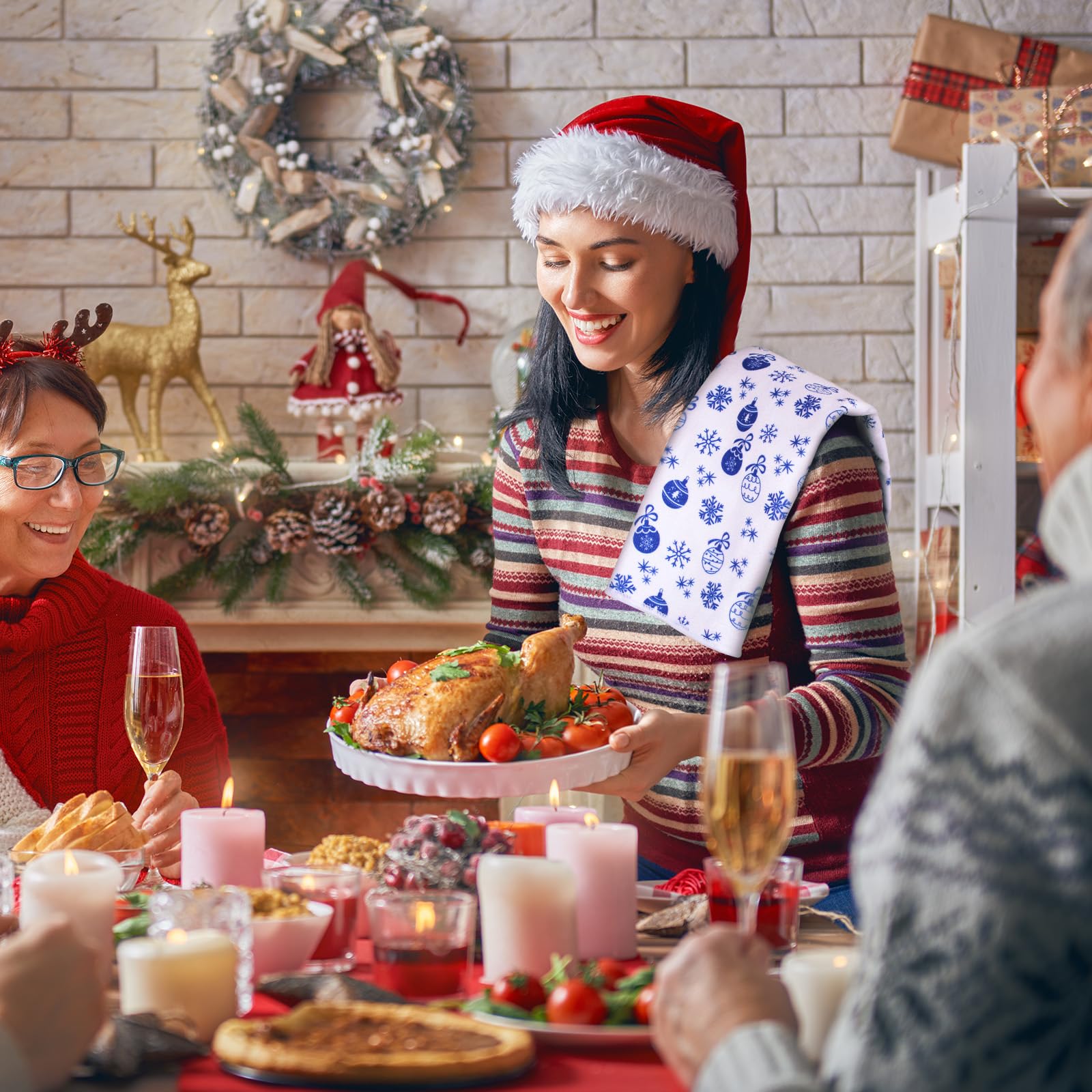 Ganeen Christmas kitchen decor towel setup for festive table and counter.