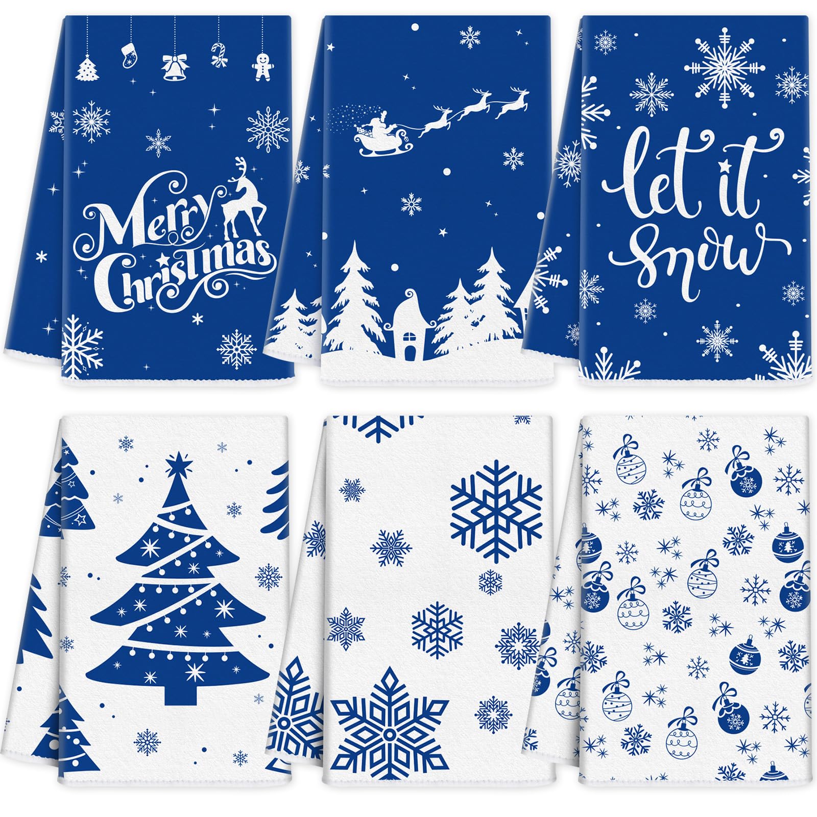 Ganeen six-piece snowy winter dish towels in navy with festive snowflake patterns.