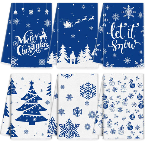 Ganeen six-piece snowy winter dish towels in navy with festive snowflake patterns.
