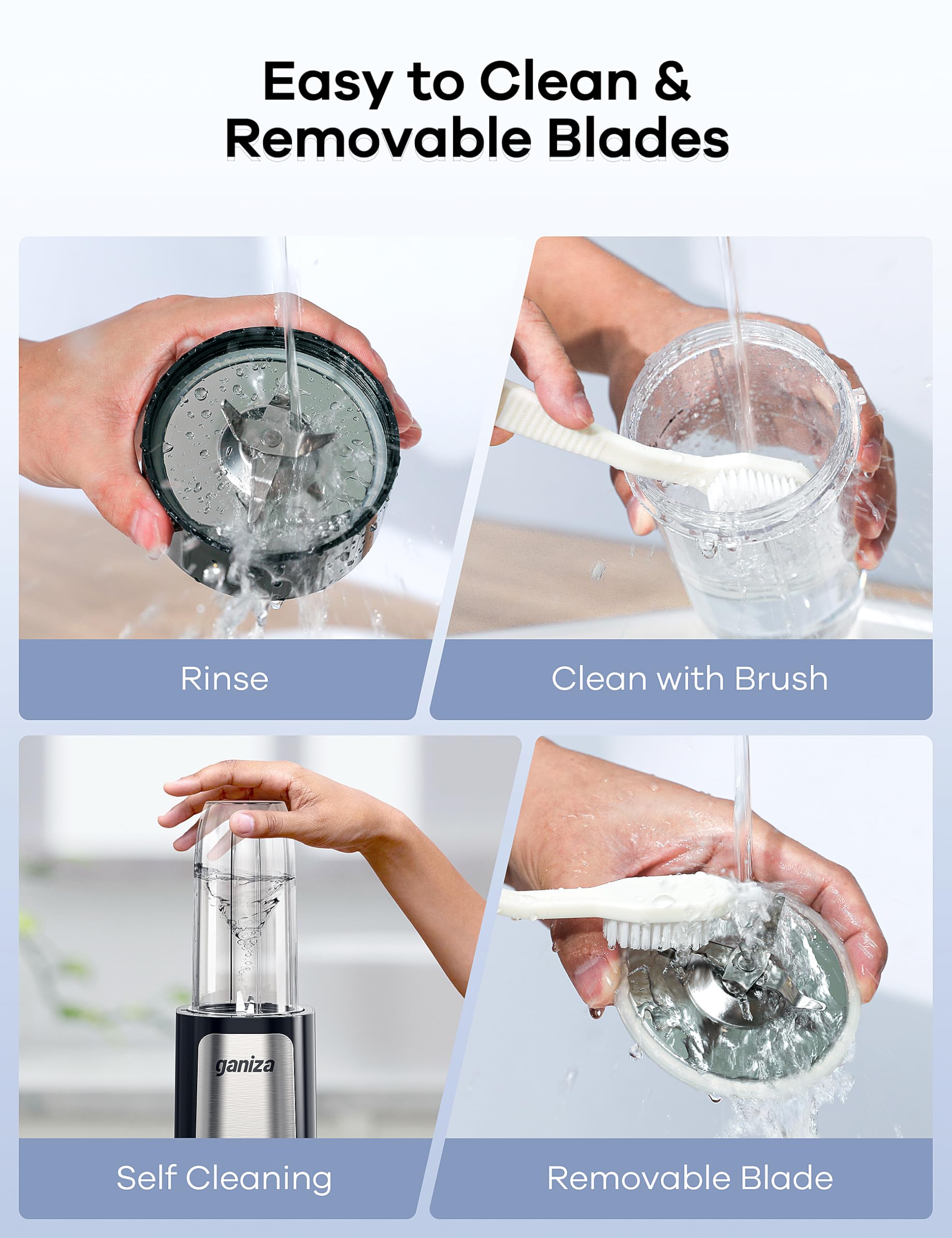 Ganiza blender easy-clean design with dishwasher-safe parts.
