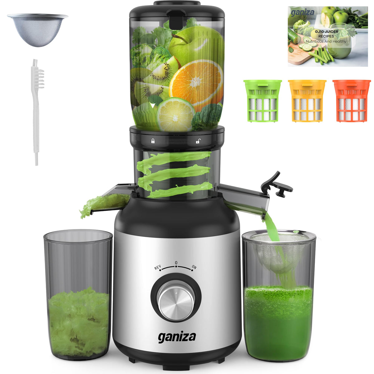 Ganiza Cold Press Juicer front view shows compact design saving counter space.