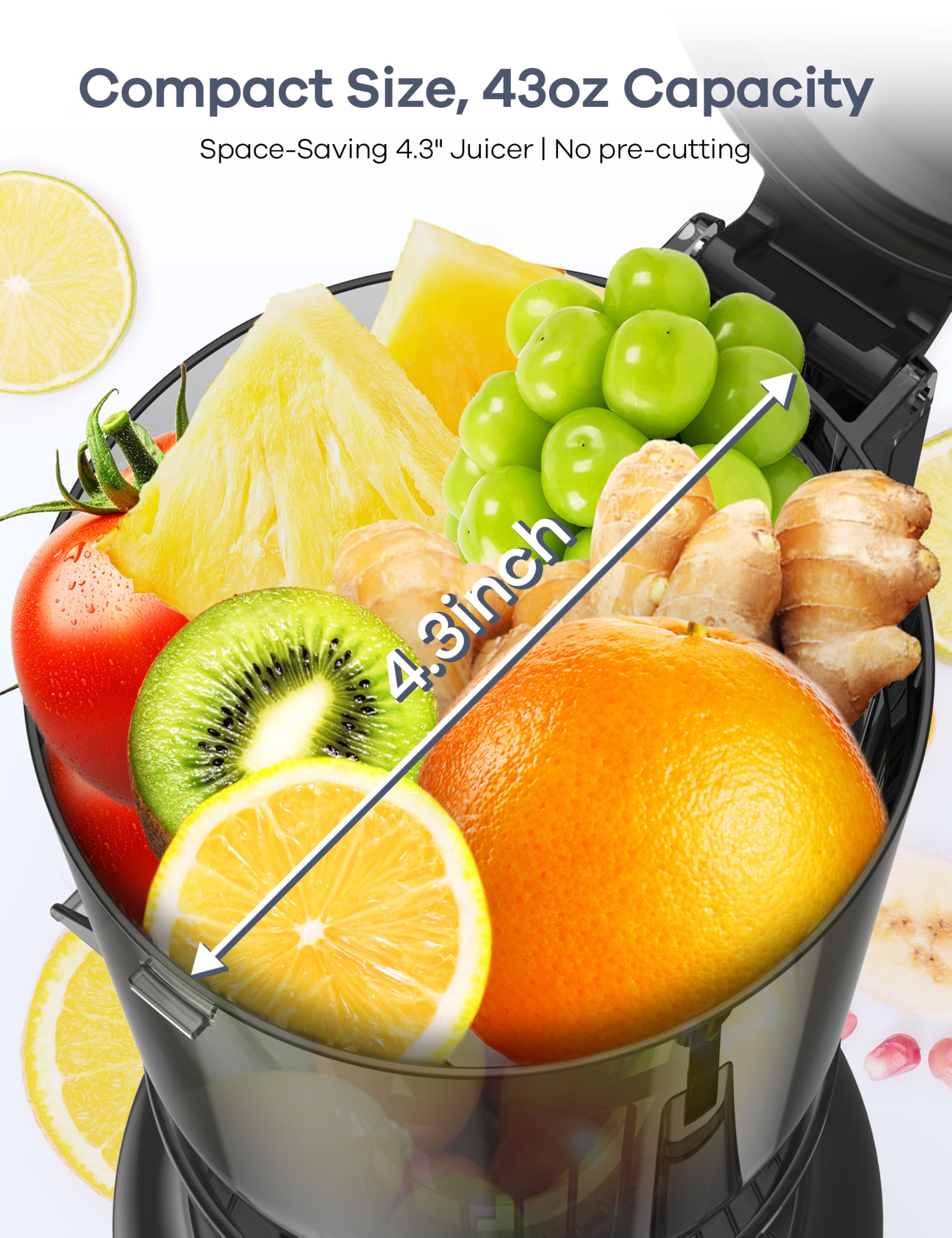 Ganiza Compact Juicer 4.3 inch with 43oz capacity.