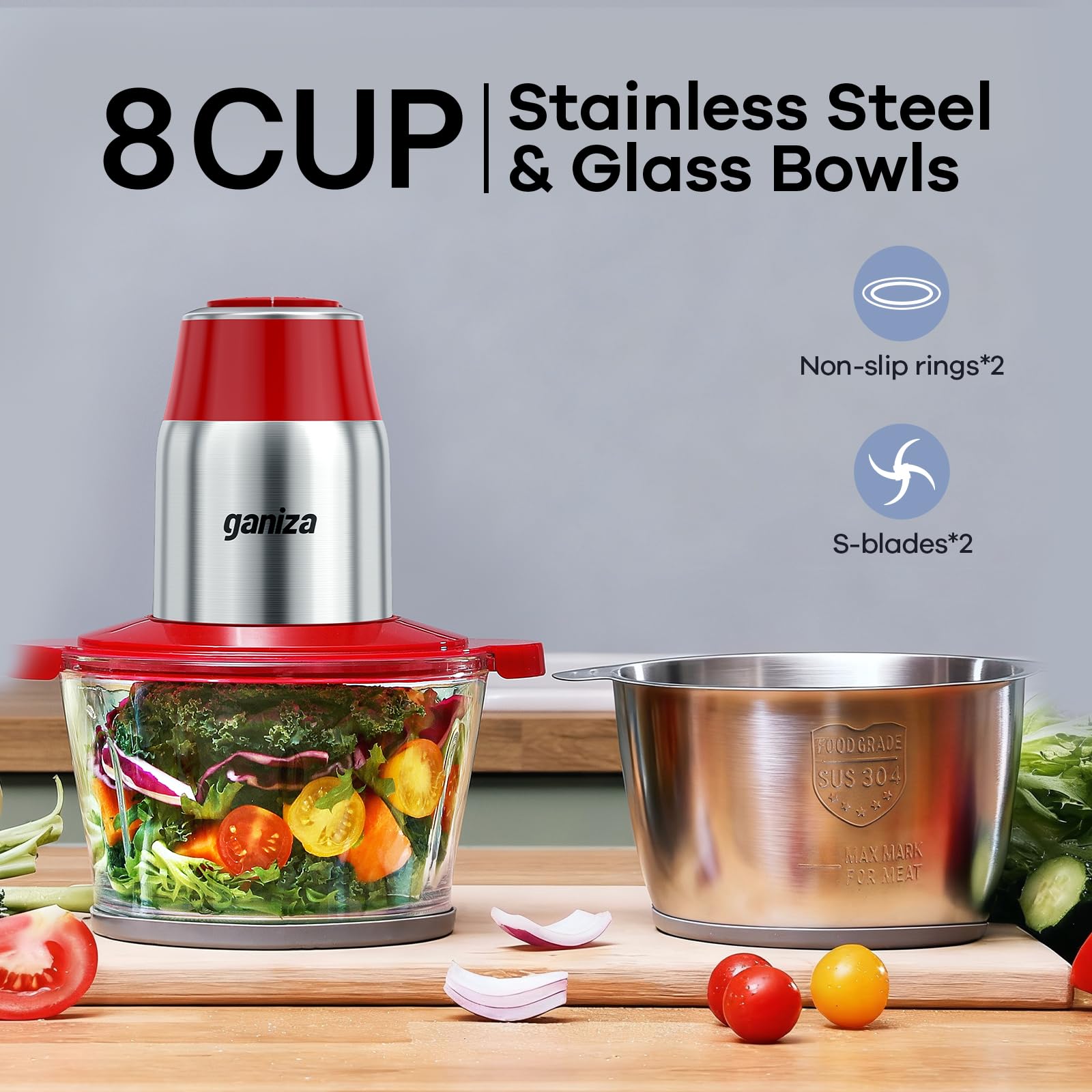 Ganiza 8cup glass bowl image, clear visibility for precise chopping.
