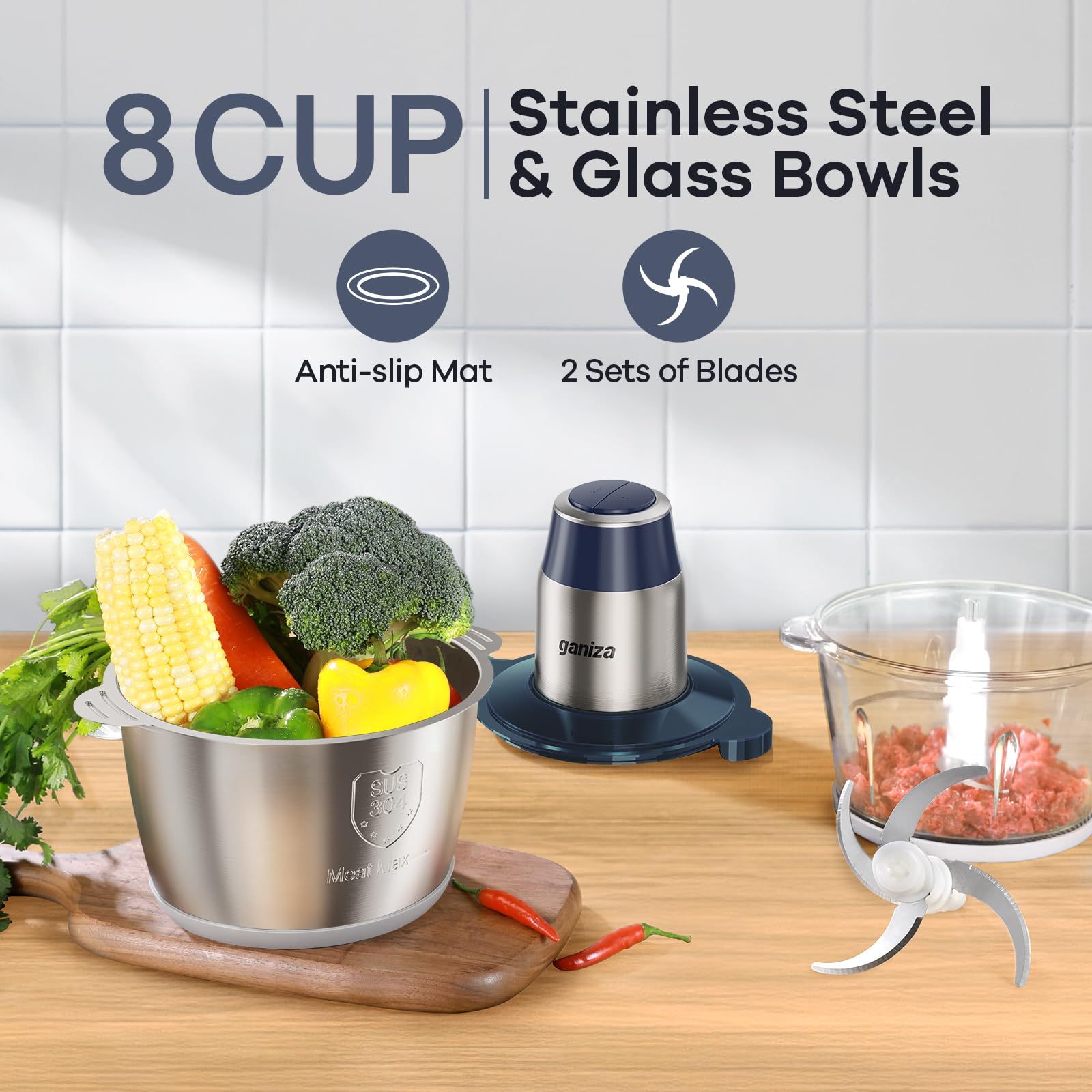 GANIZA 8-cup glass bowl shown for clear visibility during processing
