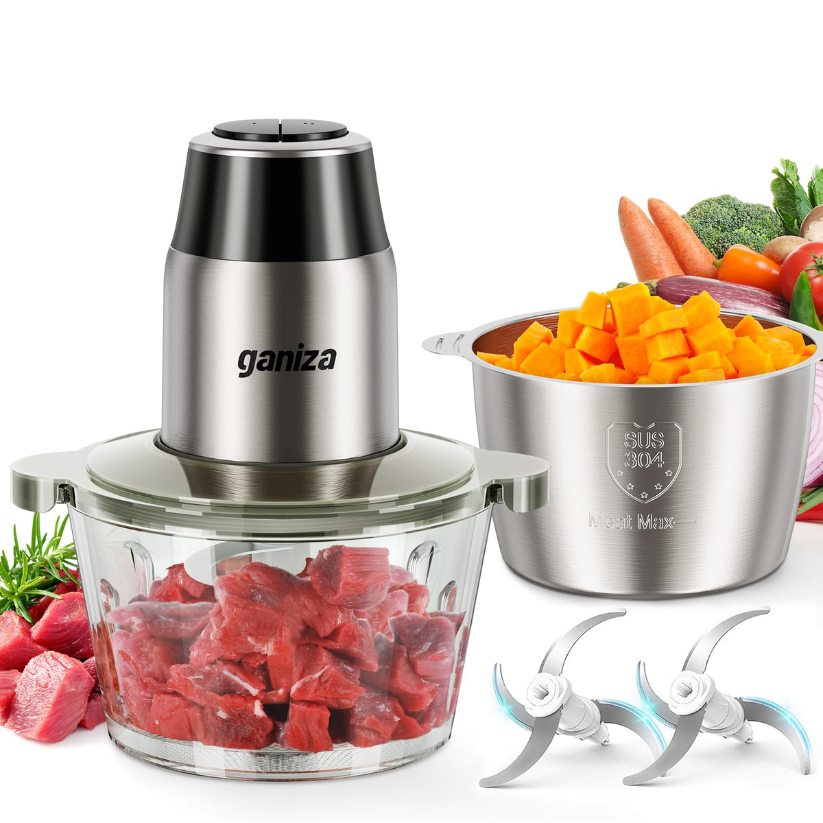 GANIZA food processor with glass 8-cup bowl enables precise chopping and mixing.