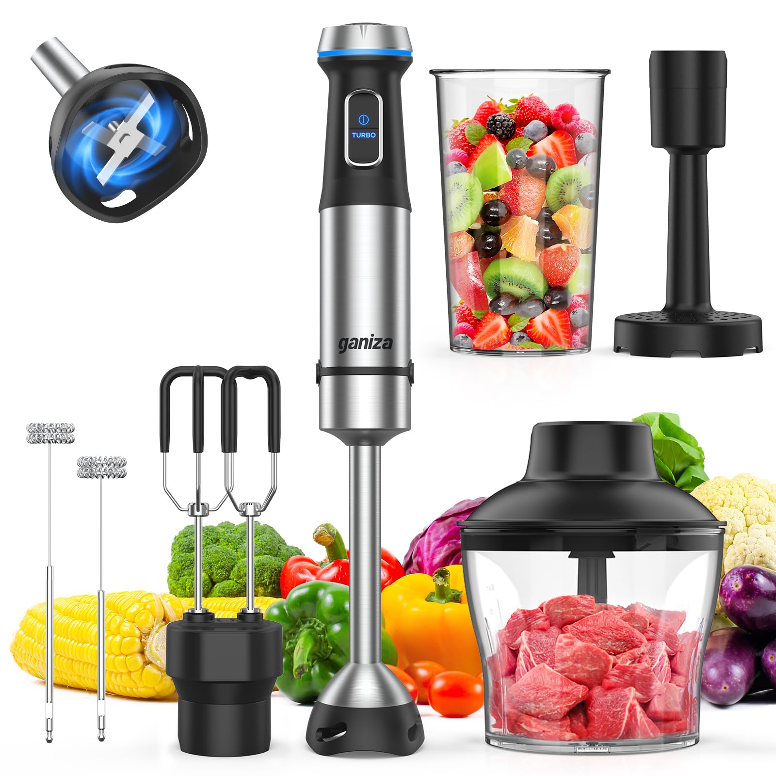 Ganiza immersion blender motor and controls deliver powerful blending for tough ingredients.