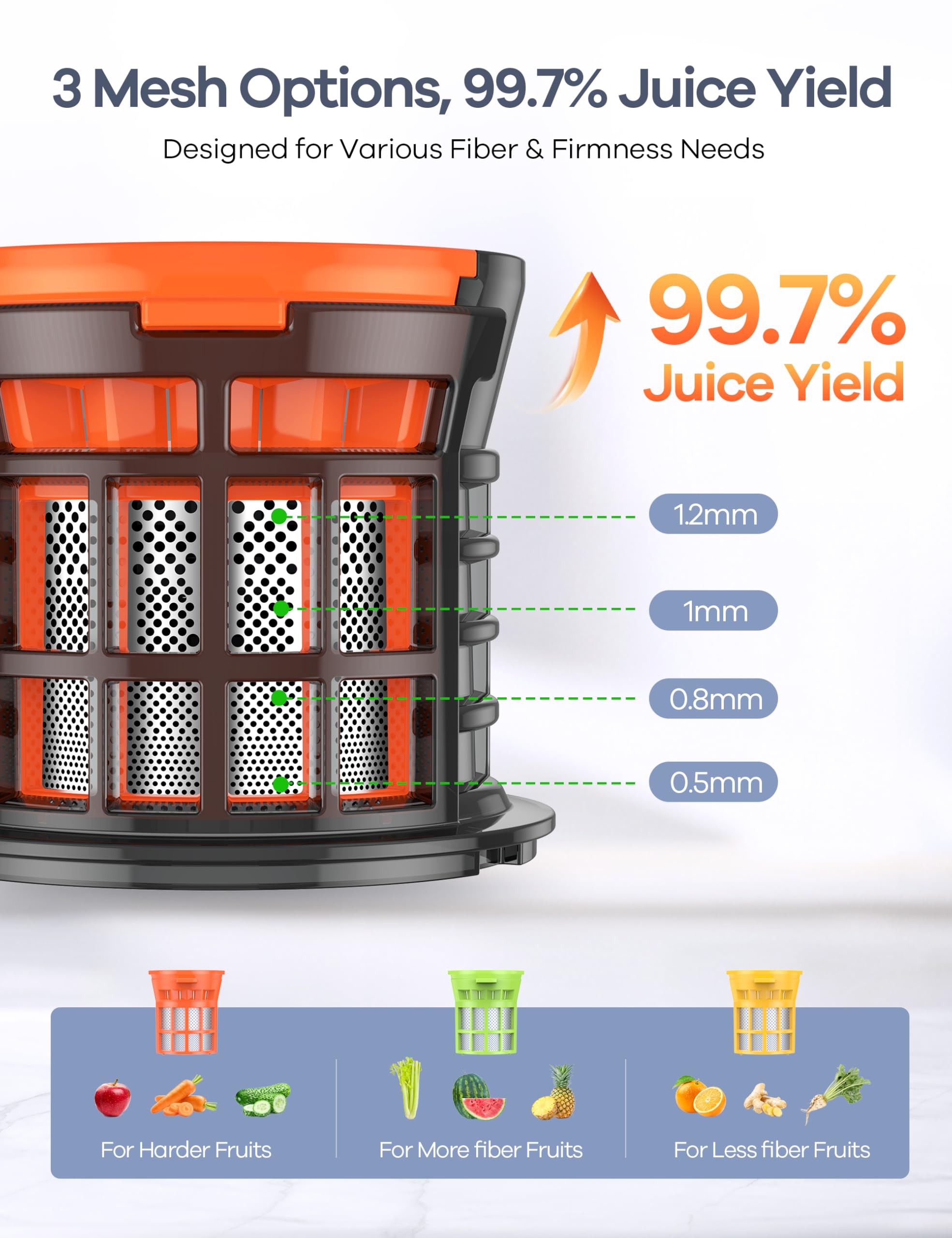 Ganiza Juicer with three detachable filters for fibrous produce efficiency.