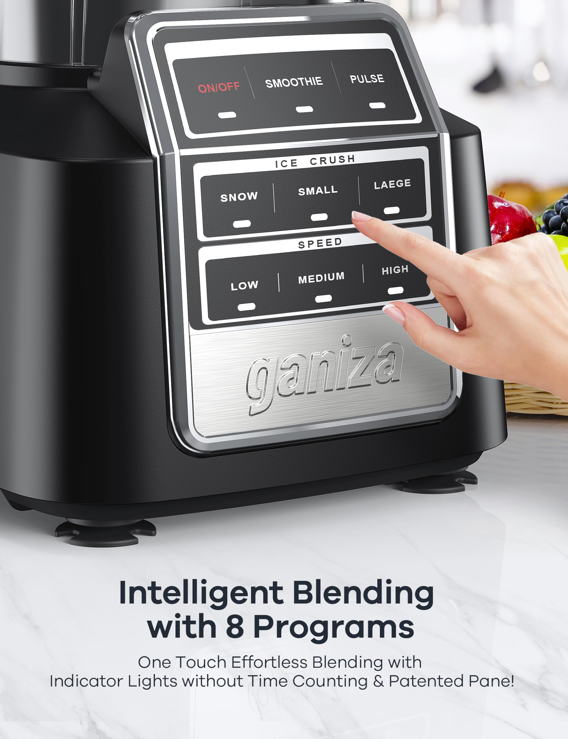 Ganiza Pro Smoothie Blender with 8 auto programs speeds up smoothie prep.