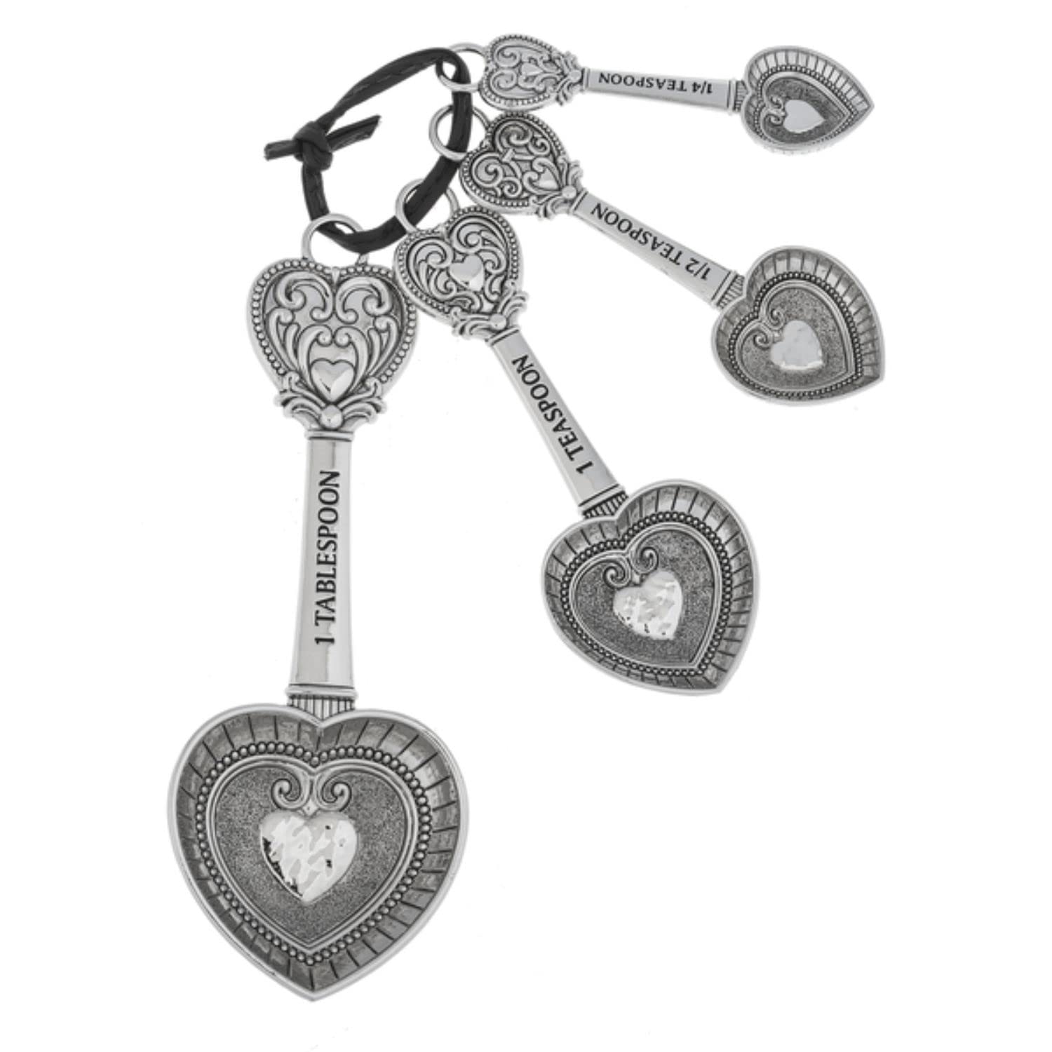 Ganz ER48885 hearts zinc measuring spoons front view, durable kitchen tool for precise cooking.
