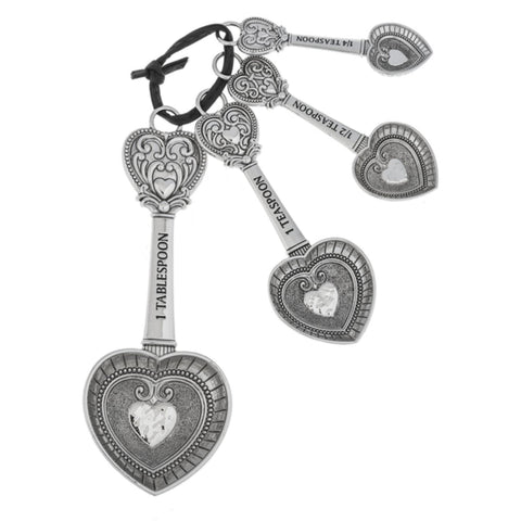 Ganz ER48885 hearts zinc measuring spoons front view, durable kitchen tool for precise cooking.