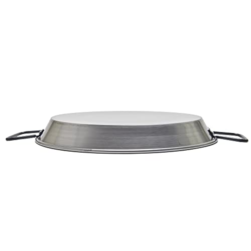 Garcima paella pan compatible with stovetop, oven, and grill.