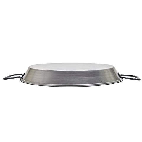 Garcima paella pan compatible with stovetop, oven, and grill.