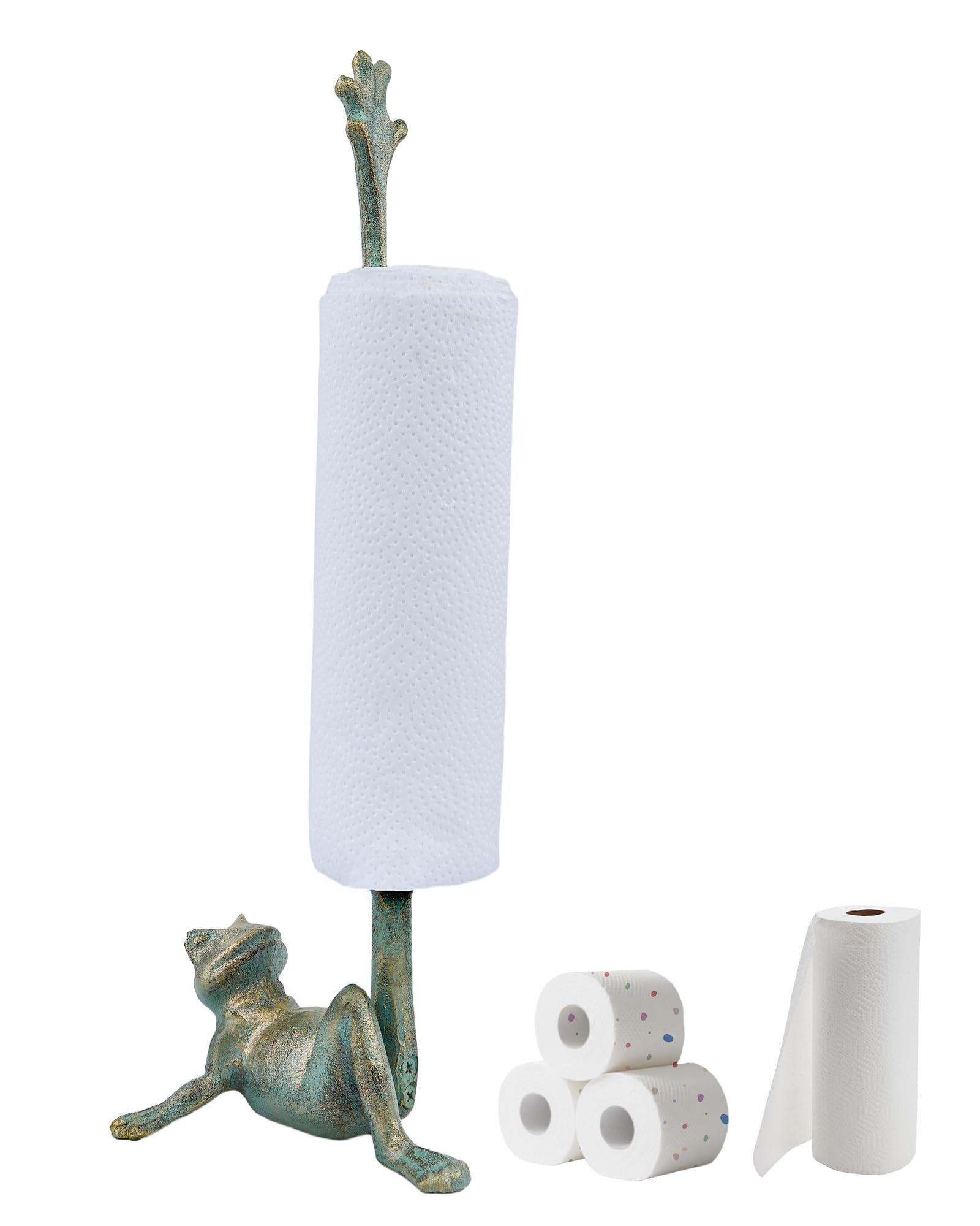 Gardmate golden-green frog paper towel holder on kitchen counter showing whimsical decor
