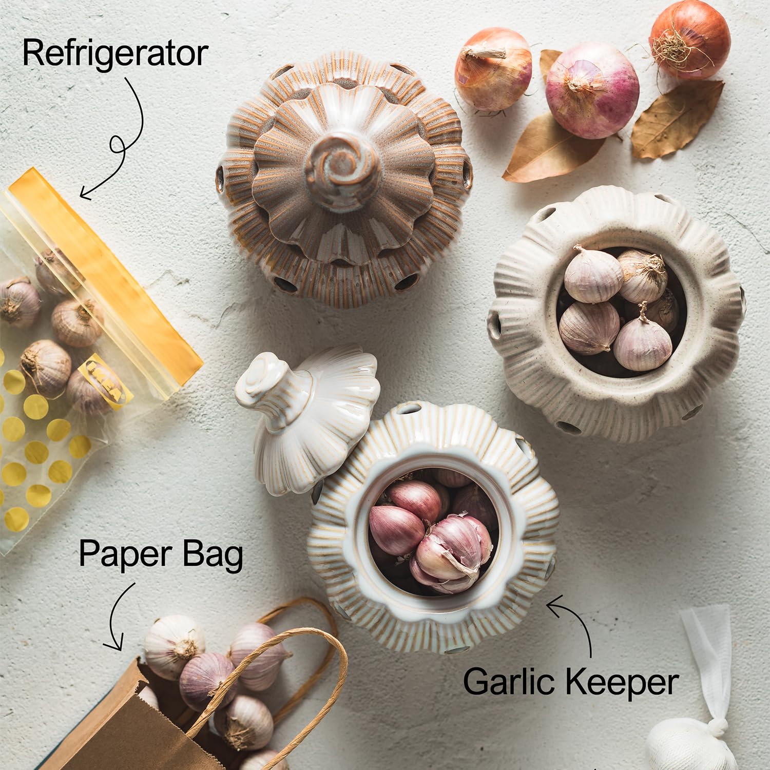 Cormomu garlic keeper ventilation with 12 vents helps garlic dry naturally.