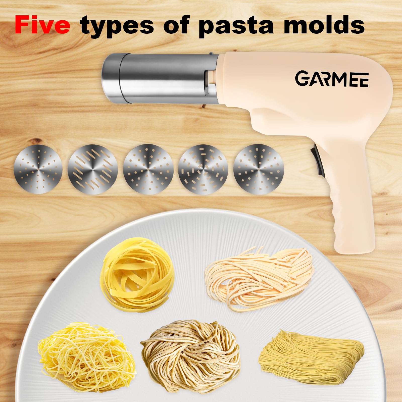 GARMEE pasta maker side view highlights dough chamber for quick prep