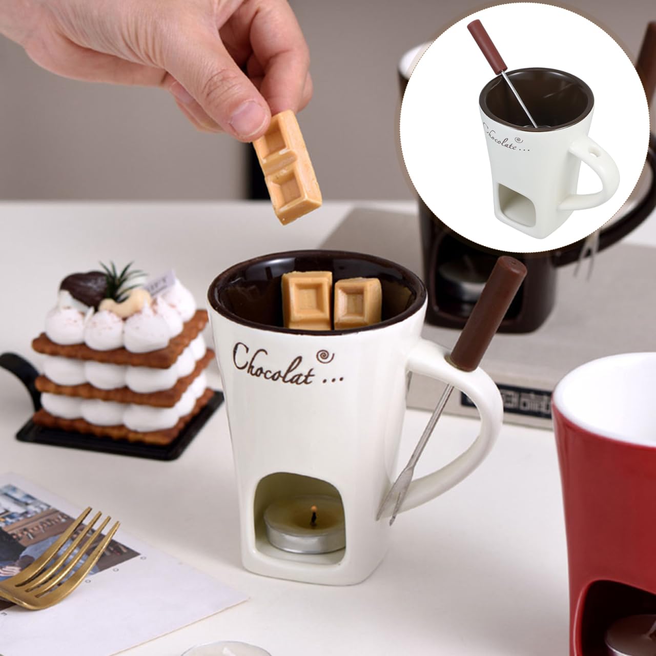 Garneck cheese and caramel dips ready in ceramic mugs