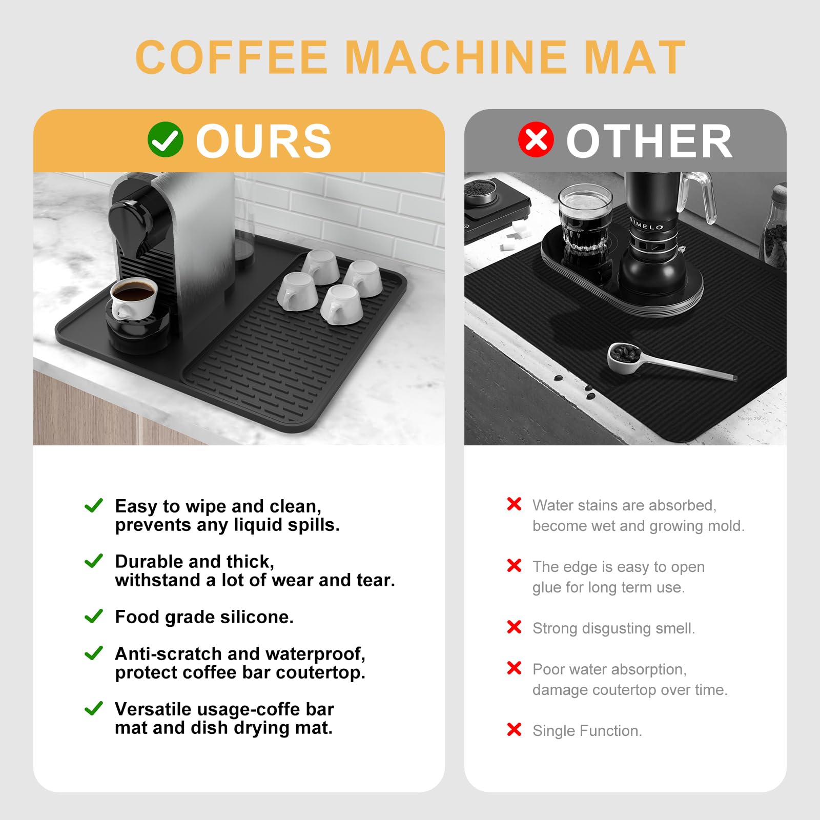 Garolue under coffee-maker mat provides a stable base in tight spaces.