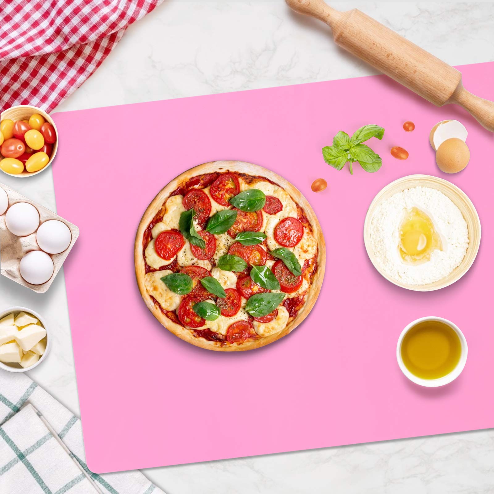 Gartful pink kitchen mat adds color while shielding counters.