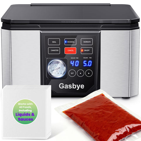 Gasbye chamber vacuum sealer illustrating 5.28qt capacity for large batches and liquids.