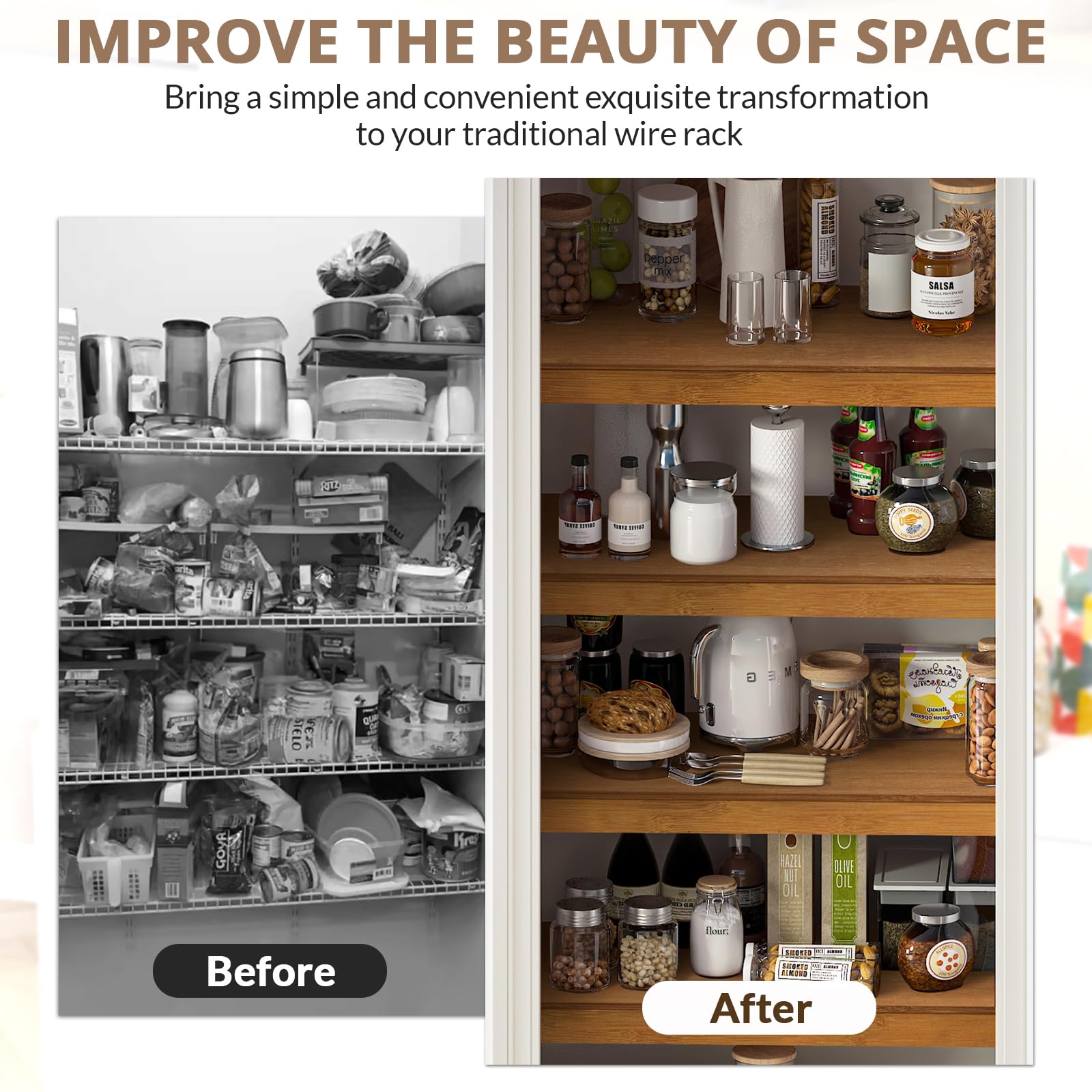 Gashell bamboo shelf cover in pantry organization scene