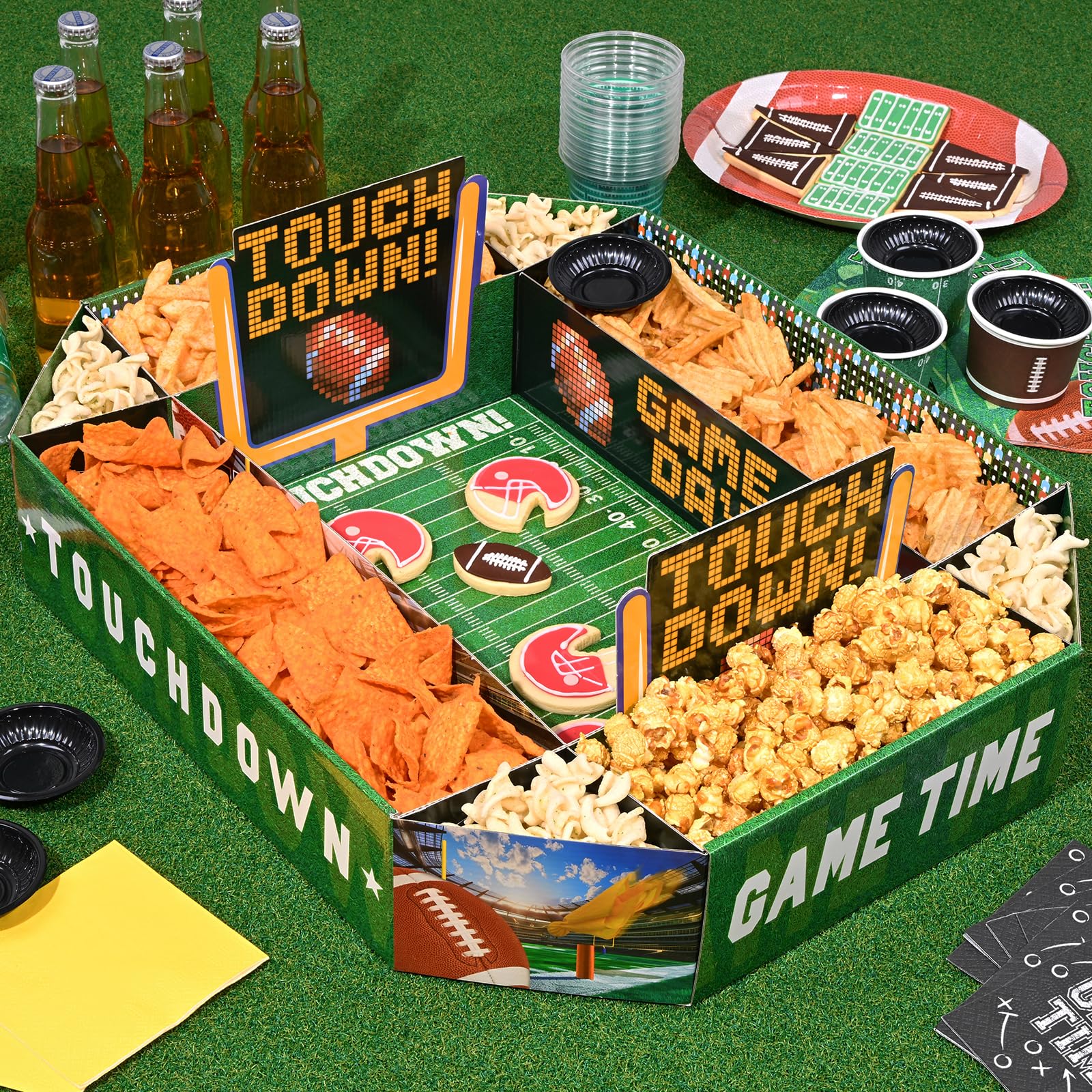 Gatherfun football food tray kit centerpiece for festive tailgate or birthday party.