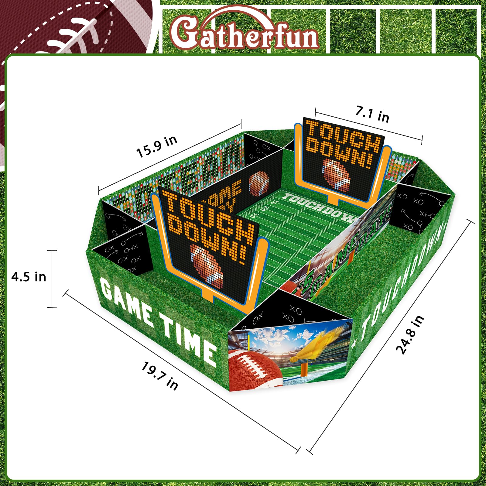 Gatherfun football serving tray with 9 compartments for organized snack serving.