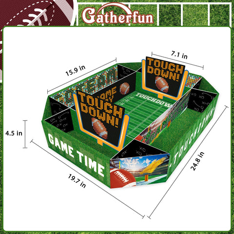 Gatherfun football serving tray with 9 compartments for organized snack serving.