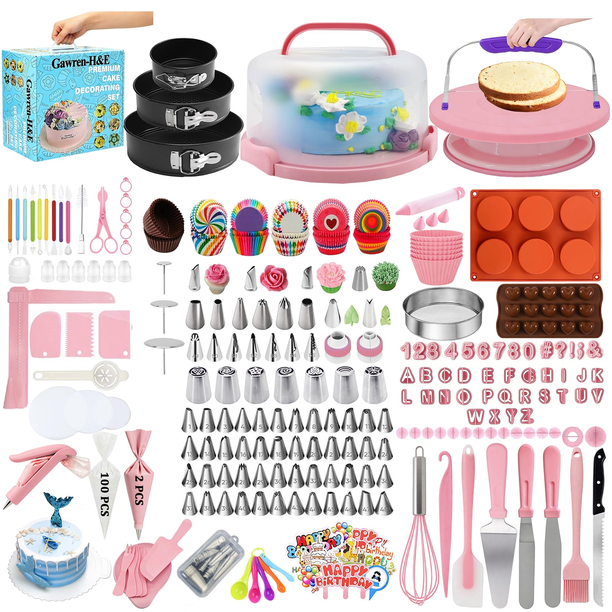 Gawren-H&E 678pcs cake decorating kit with diverse tips for professional-looking desserts.