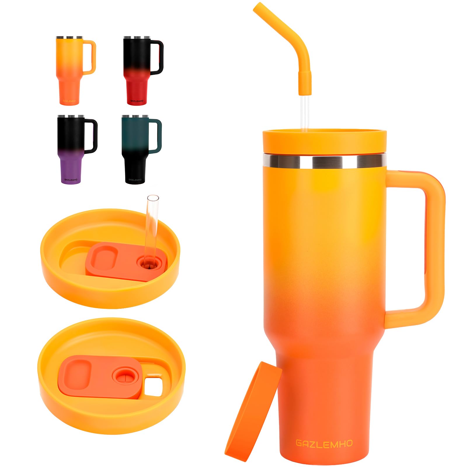 GAZLEMHO 40oz tumbler with handle and straw-spout in ombre orange for easy on-the-go sipping.