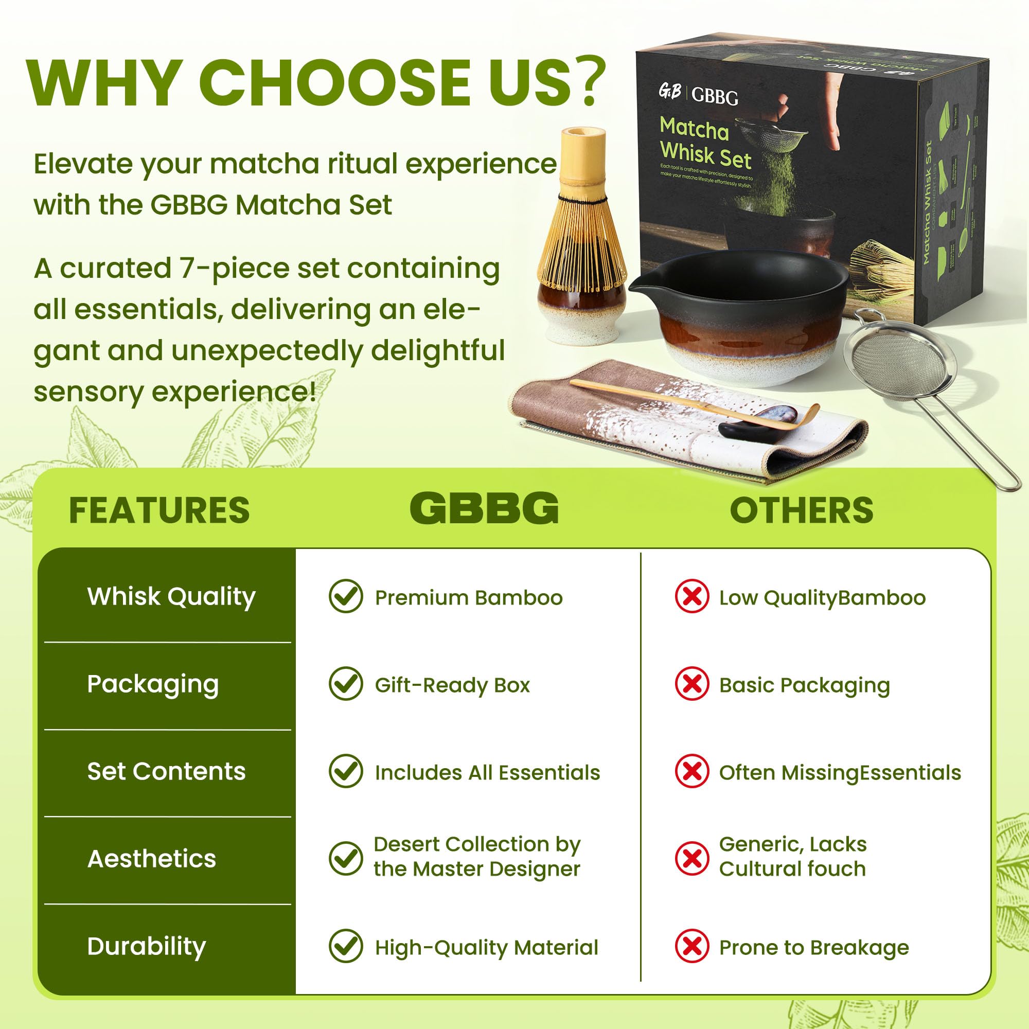 GBBG Matcha Whisk Set Desert Series bamboo scoop for precise portioning.