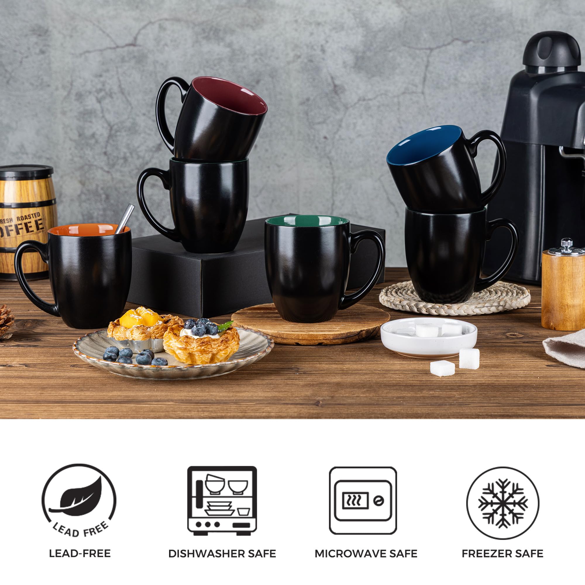 GBhome six-pack mugs shown stacked, dishwasher-safe for quick cleanup.