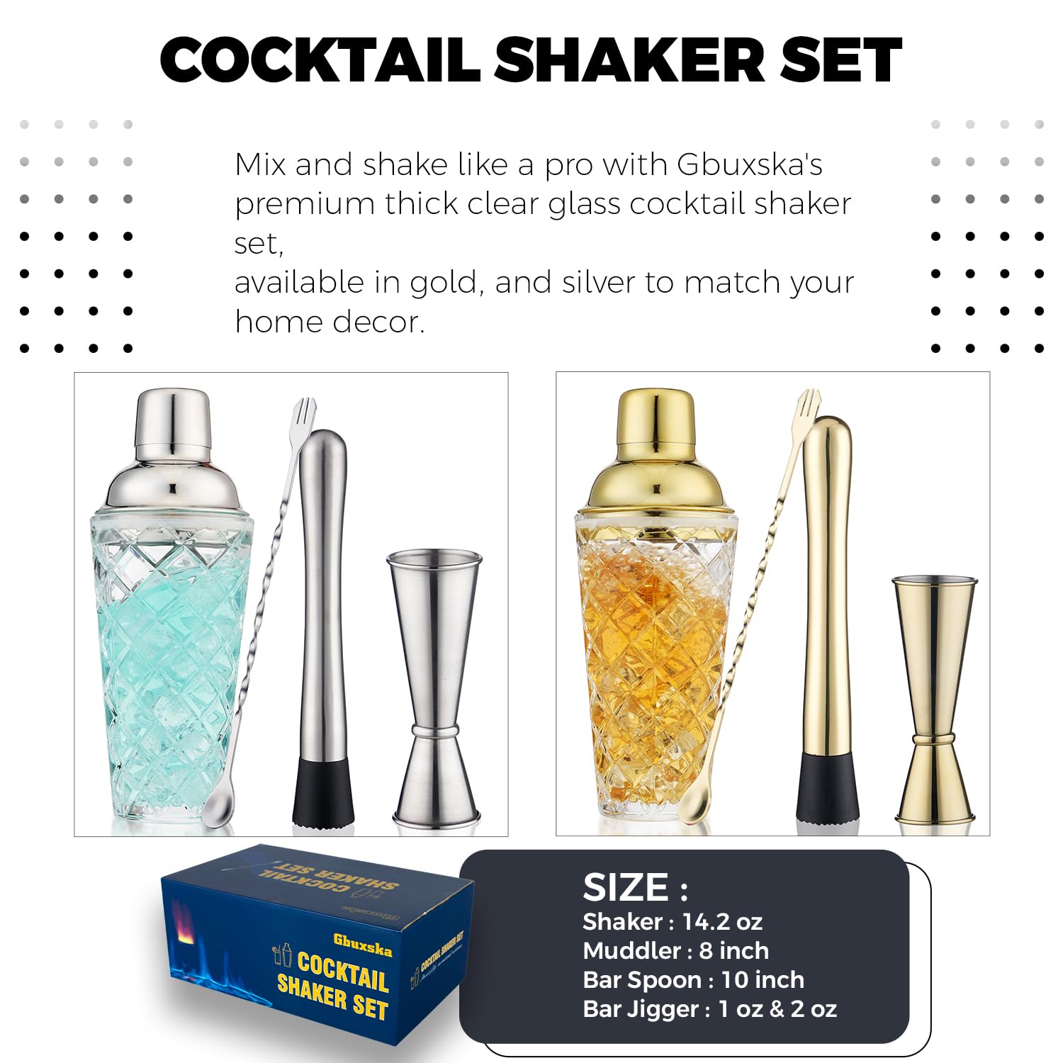 Gbuxska Gold Cocktail Shaker Set inside view reveals built-in strainer and leak-proof lid for smooth pours.