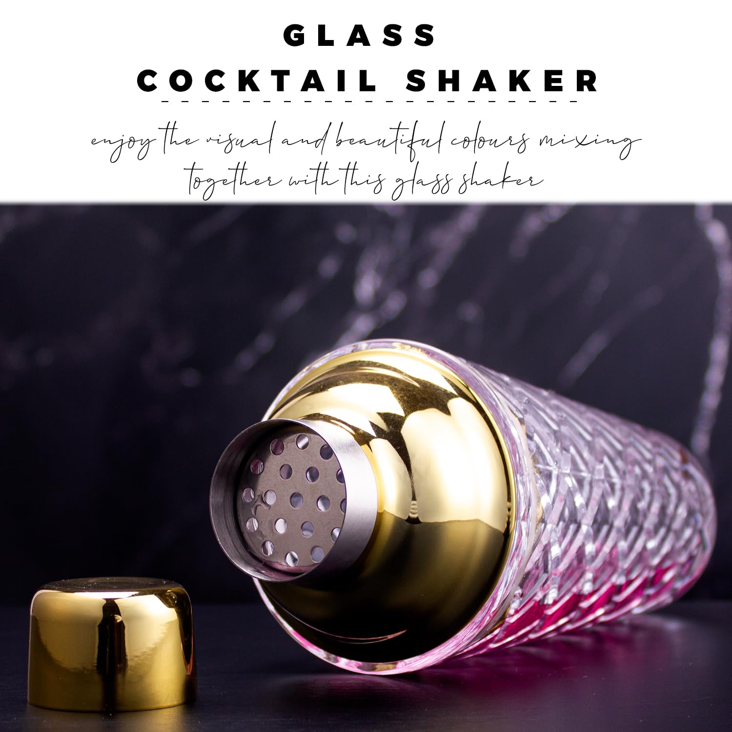Gbuxska Gold Cocktail Shaker Set measuring jigger in frame emphasizes precise crafting for cocktails.