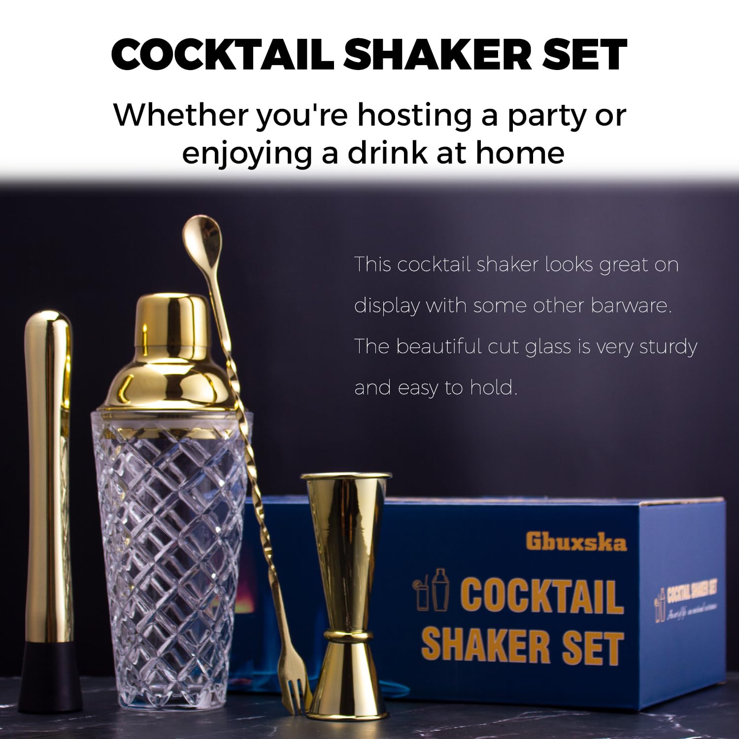 Gbuxska Silver Cocktail Shaker Set outer view highlights modern metal finish for contemporary home bars.