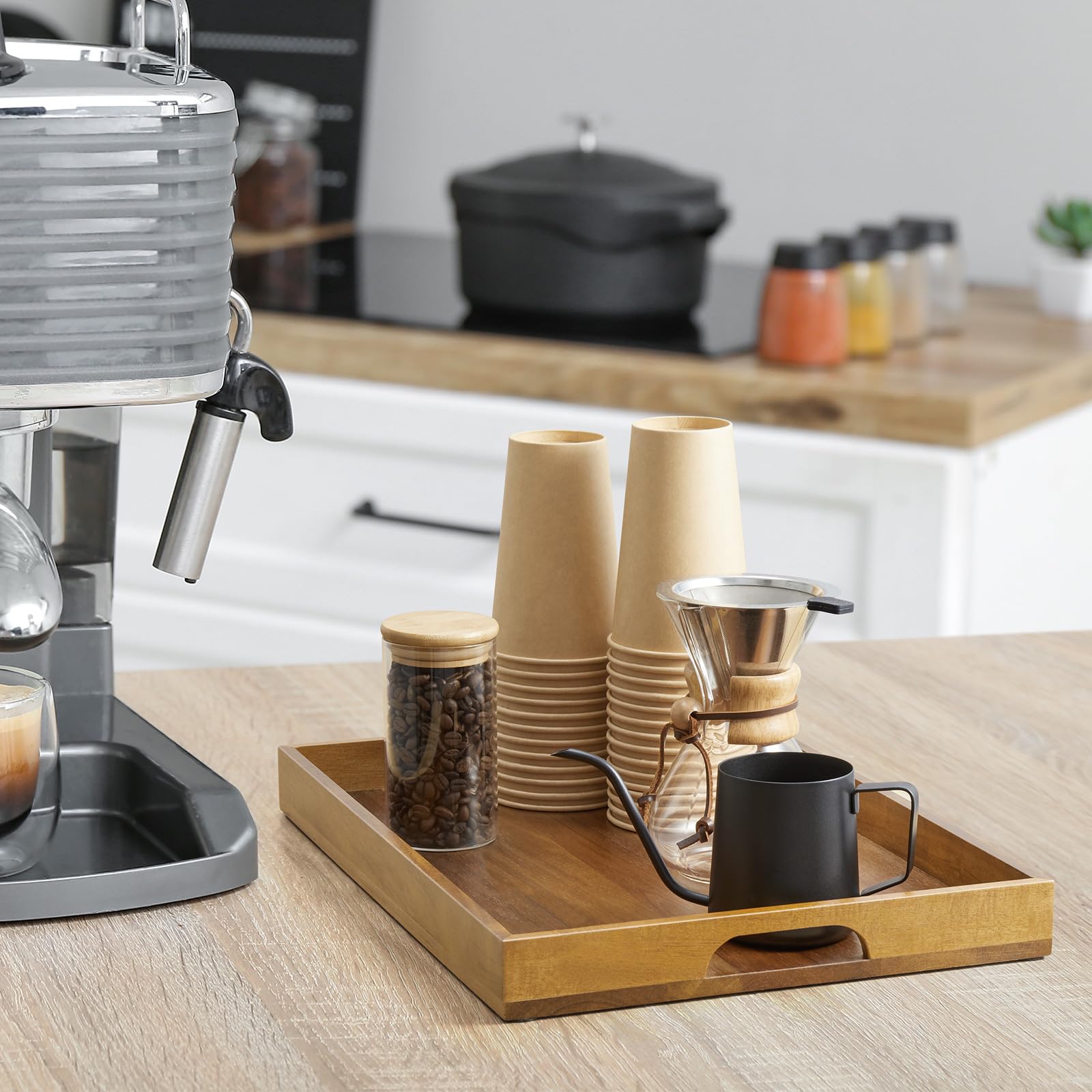 GCWSTJK wood tray with non-slip pads protects furniture during use.