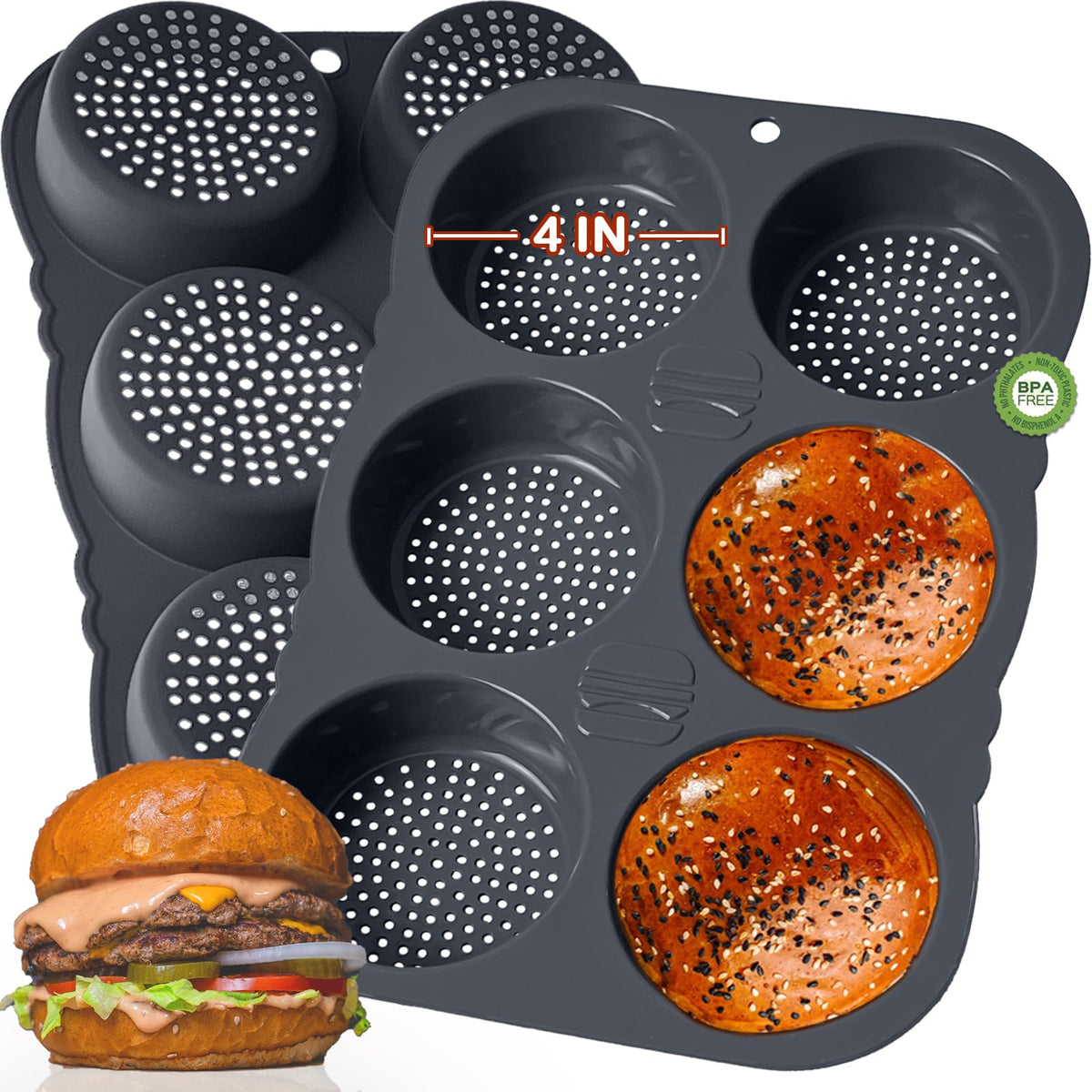 GDDGCUO 6-cup burger bun pan showing six cavities for uniform buns