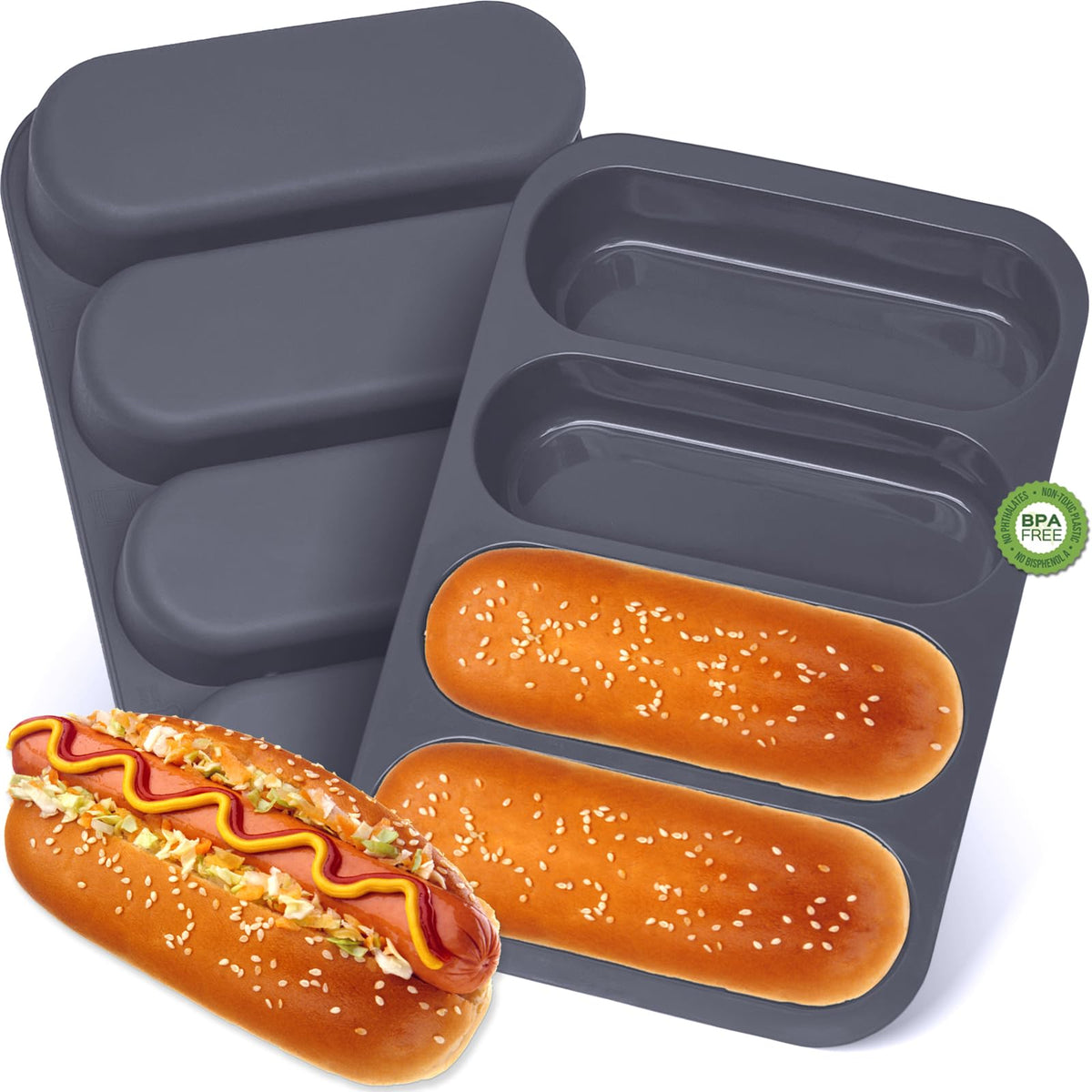 GDDGCUO silicone hotdog bun pan showing 6-inch buns with 4-cup capacity for versatile baking