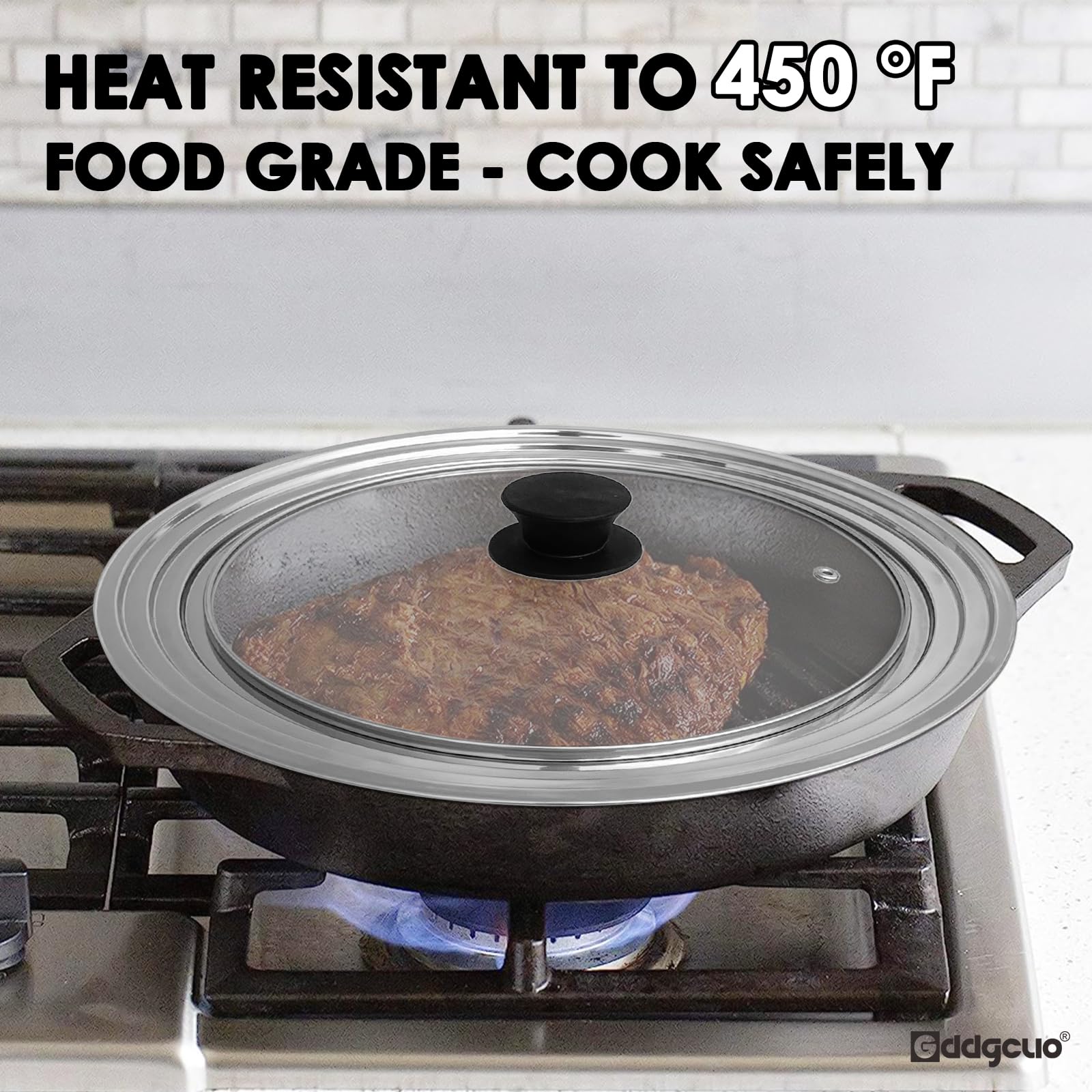 GDDGCUO universal lid on 13-inch cookware for safe, efficient cooking.