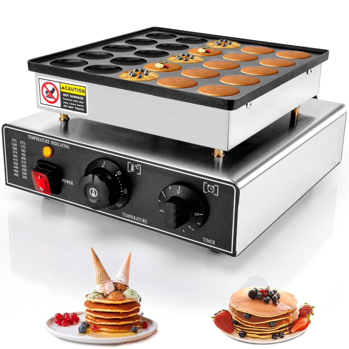 GDDGHS mini pancakes maker front view shows sturdy stainless steel construction for reliable breakfast prep.