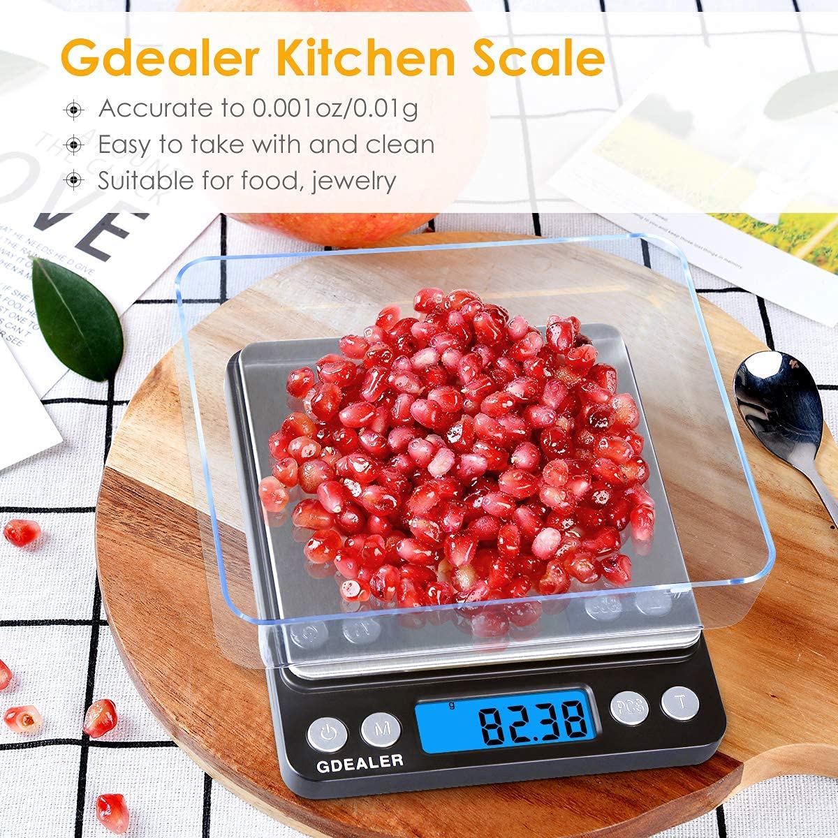 GDEALER scale with backlit display for clear readings in dim light.