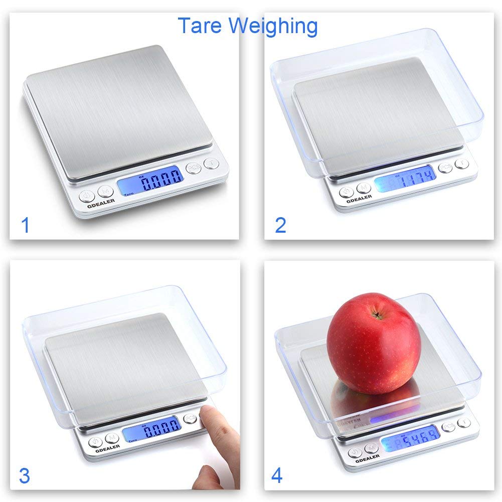 GDEALER Food Scale blue backlit display readable in low light.