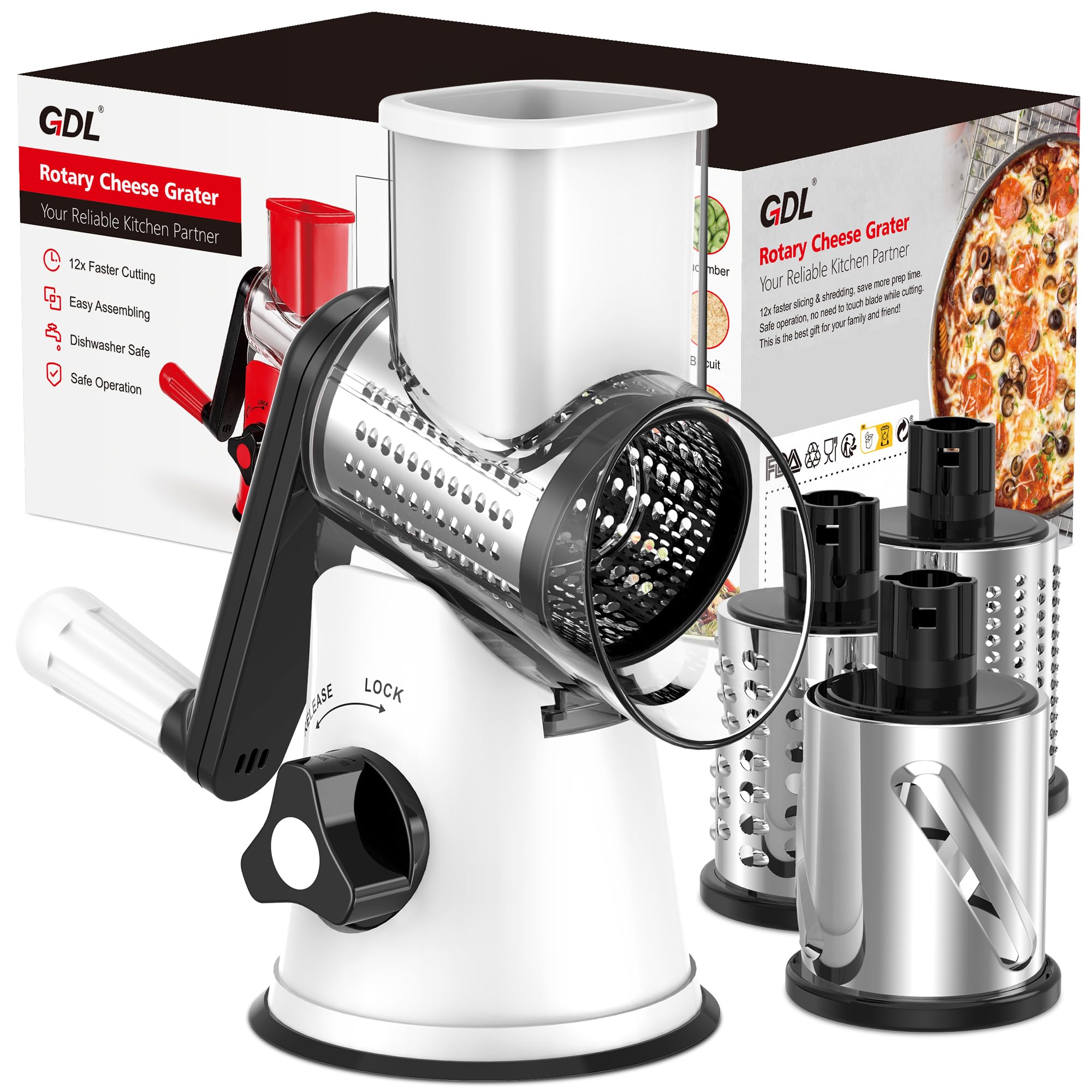 GDL rotary cheese grater with drum blades for fast shredding.