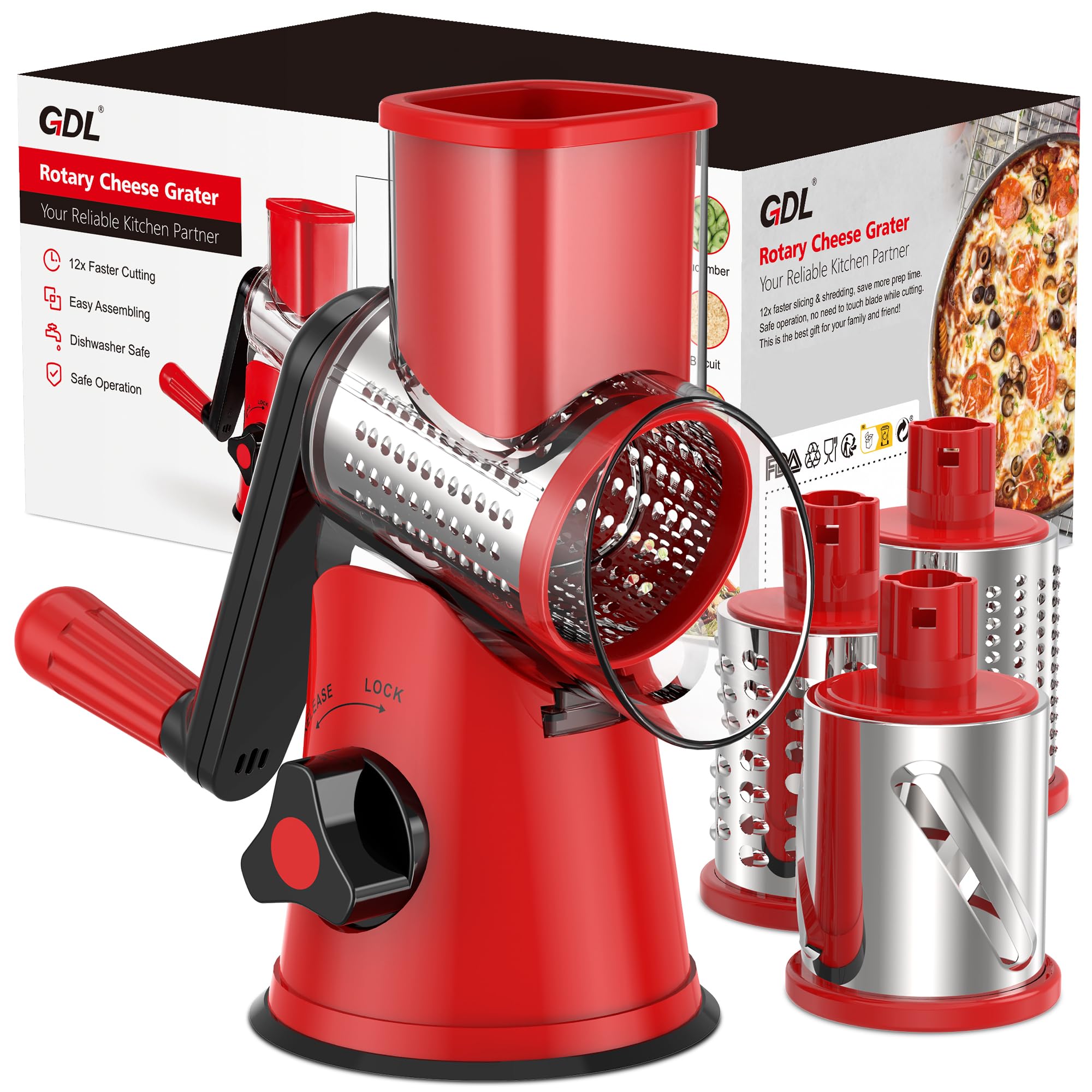 GDL rotary cheese grater front view with non-slip base for stable shredding