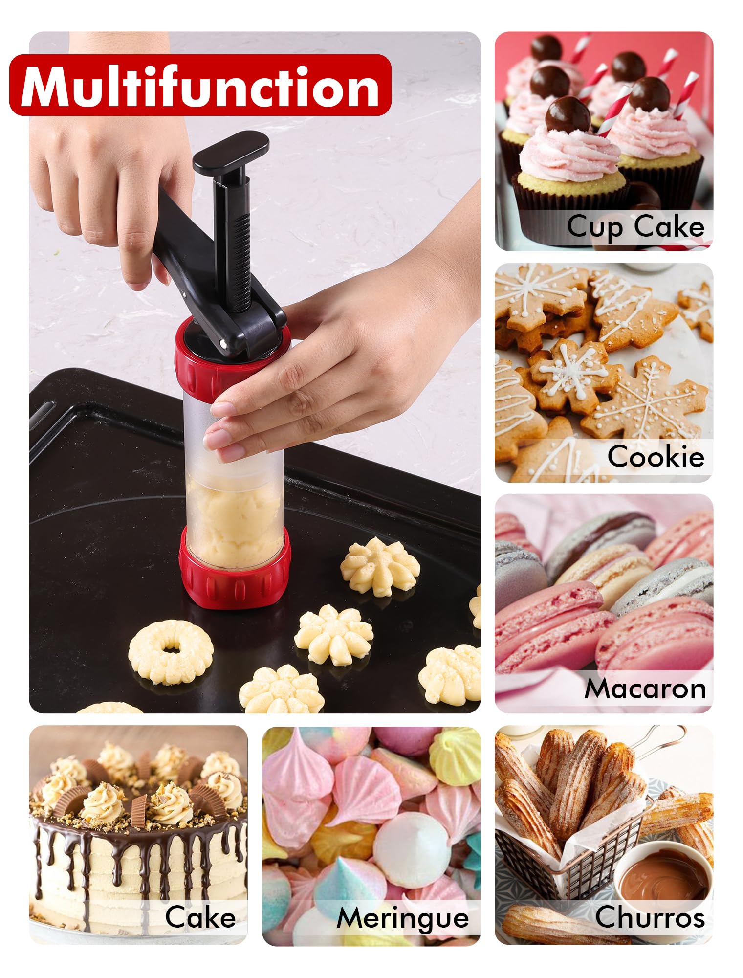 GDL cookie press set translucent cylinder to monitor dough levels.