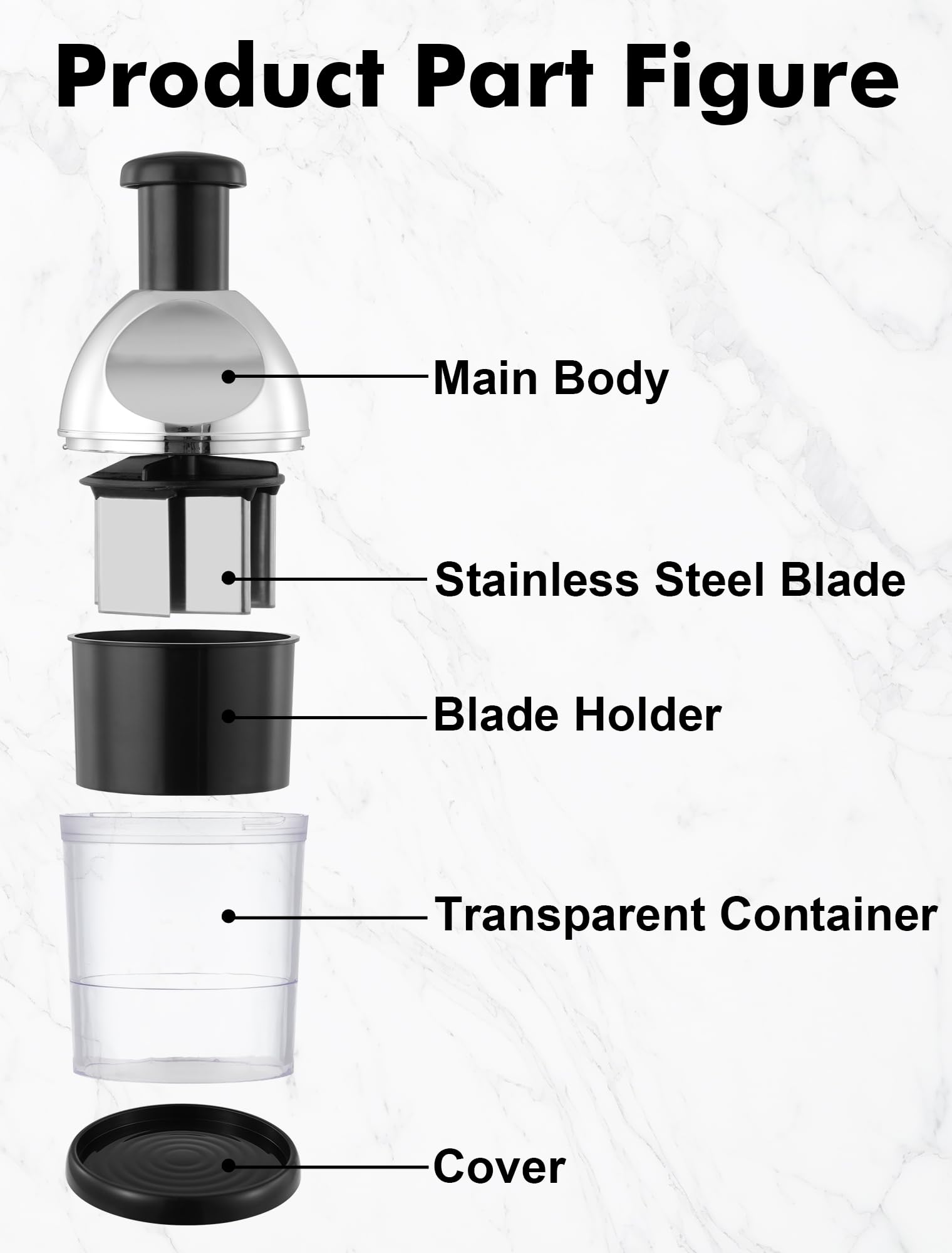 GDL Food Chopper easy disassembly for quick cleaning under running water.