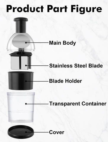 GDL Food Chopper easy disassembly for quick cleaning under running water.